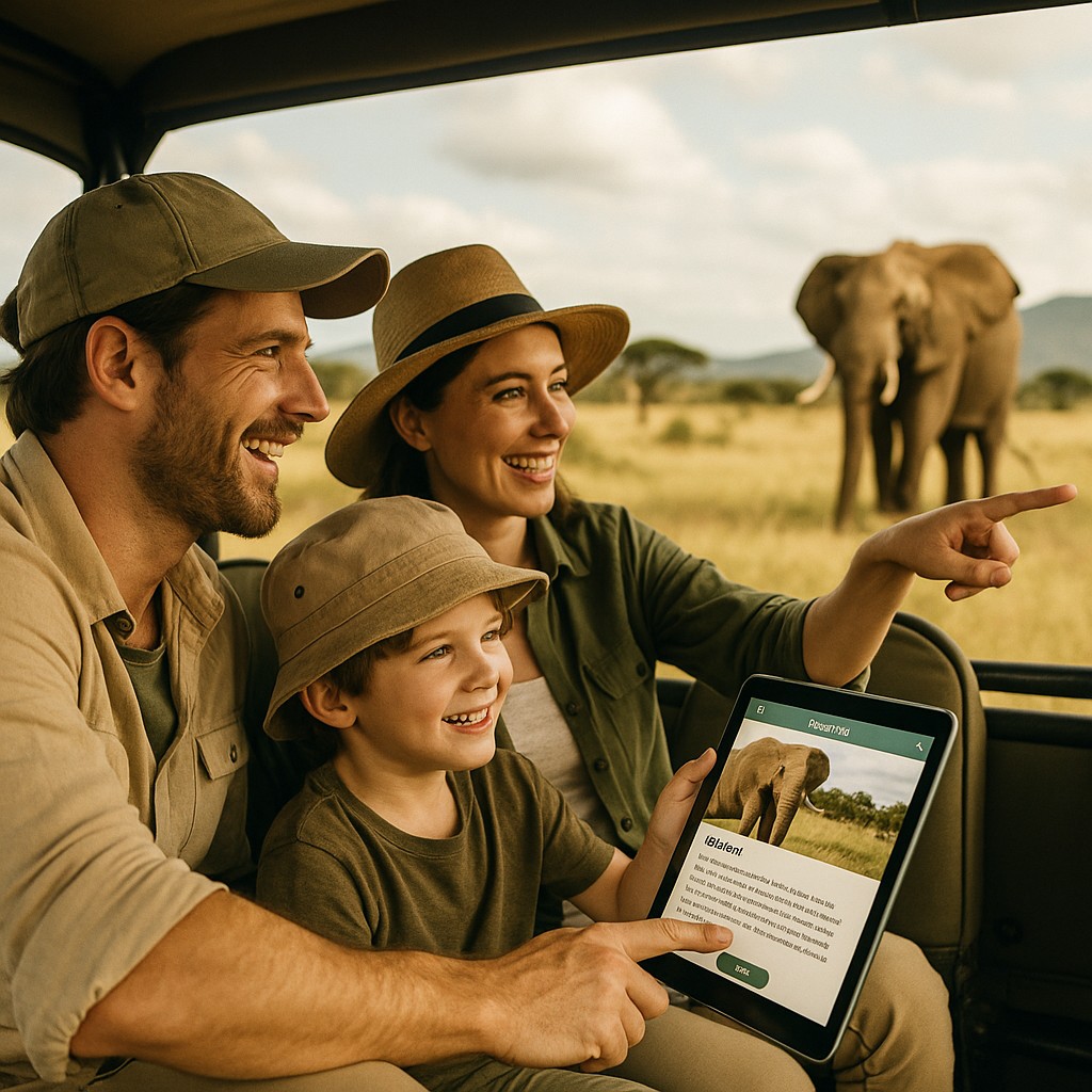 family on safari using mobile app to enhance experience